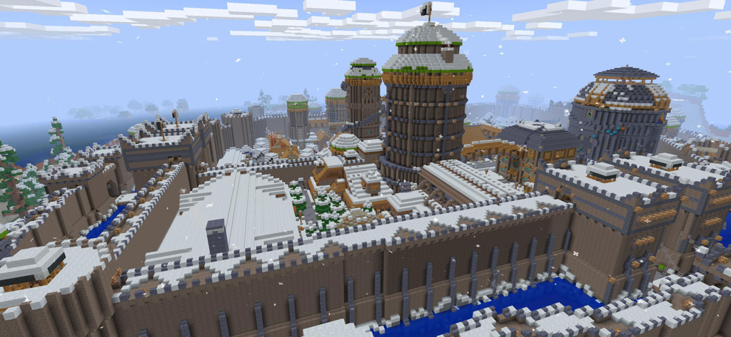 PrimalСraft 3D: Block Building - Una enorme fortaleza medieval construida con bloques y cubierta de nieve en el juego PrimalCraft 3D