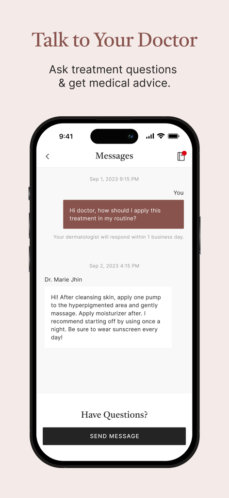 Musely - Tela do aplicativo Musely mostrando uma interface de mensagens para consultar um dermatologista.