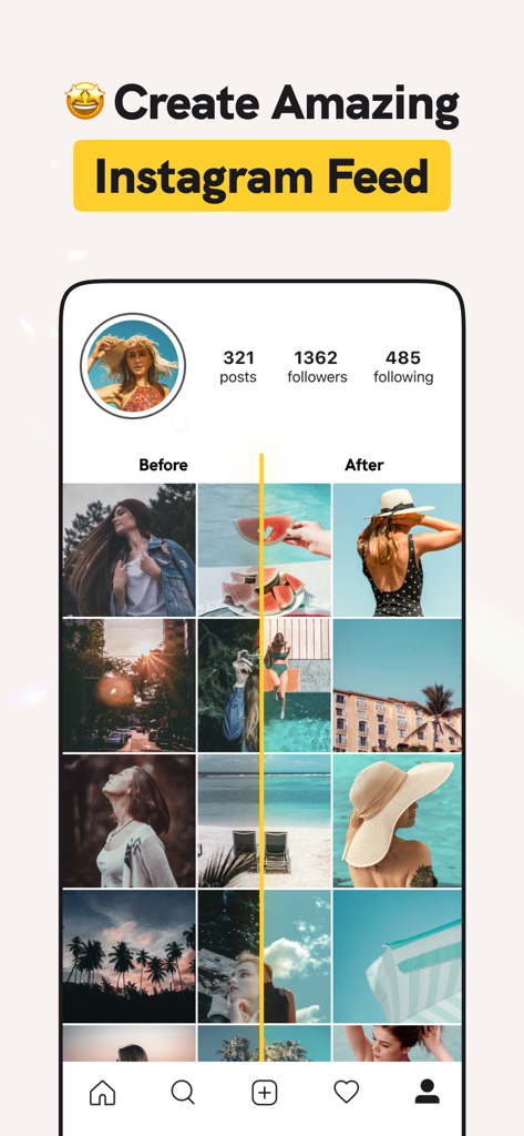 Before and after comparison of a curated aesthetic Instagram feed preview