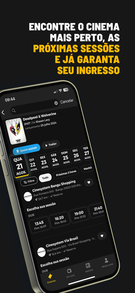AdoroCinema - AdoroCinema mobile app interface showing movie showtimes for Deadpool and Wolverine at local theaters