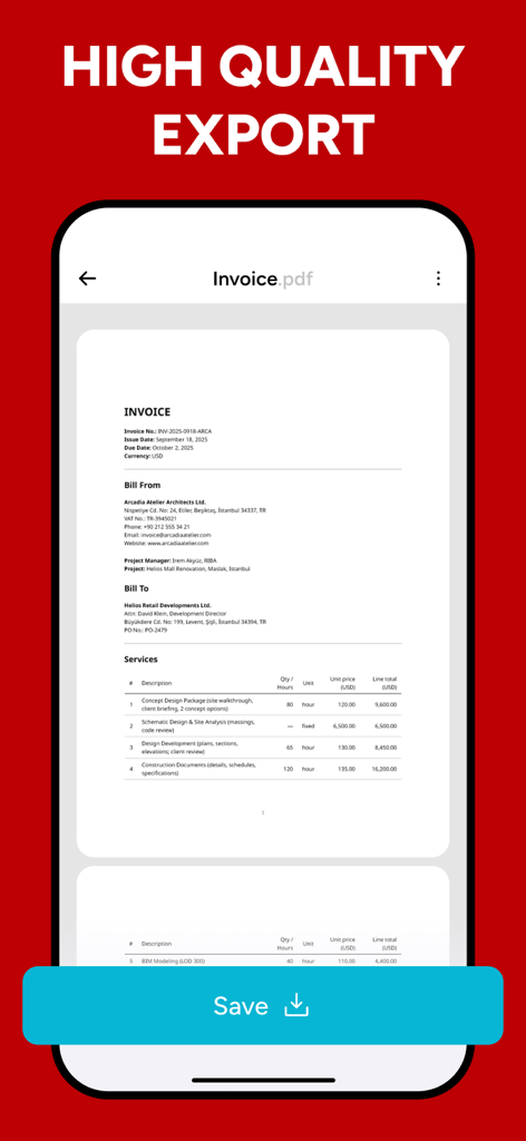 JPG to PDF - PDF Convertor - A mobile application interface showing a professional invoice document ready for high quality PDF export