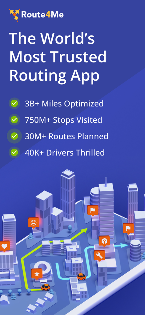 Route4Me app screen displaying route optimization statistics and a 3D city map with multiple delivery stops