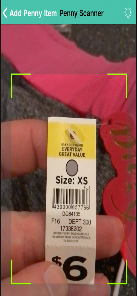 Penny Finder app interface showing the barcode scanner feature on a retail tag