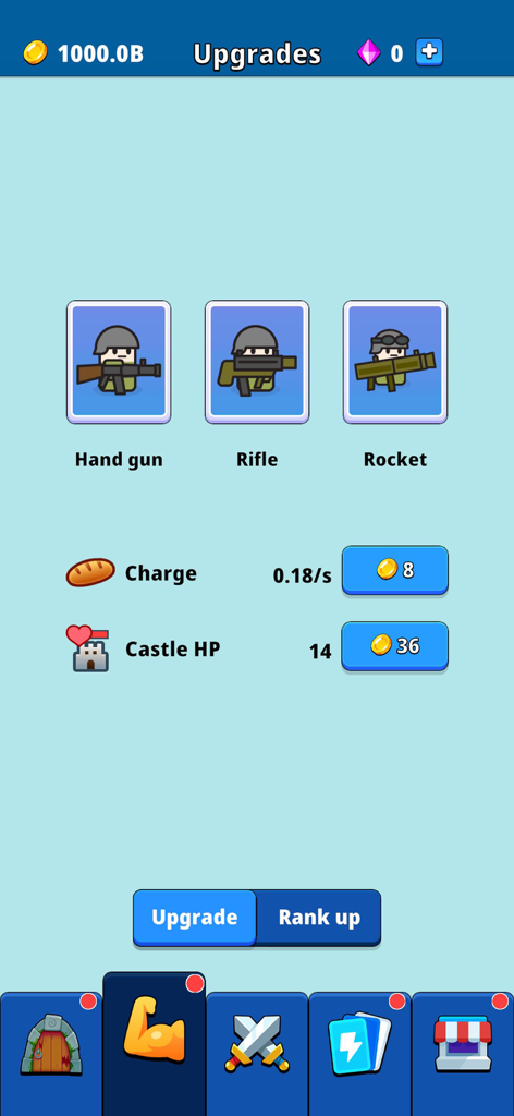 Pocket Guardian : mini TD war - Upgrade screen in Pocket Guardian showing unit types like handgun rifle and rocket plus castle health stats