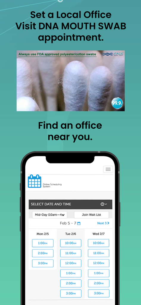 Find out if you are related - Screen showing an online scheduling system for DNA mouth swab appointments