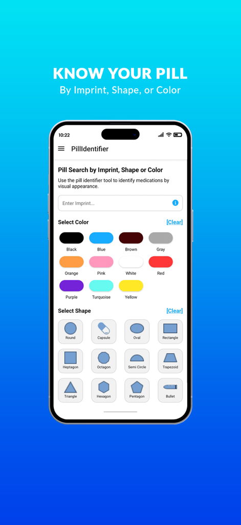 Pill Identifier and Drug List - Pill search interface to identify medication by imprint color and shape