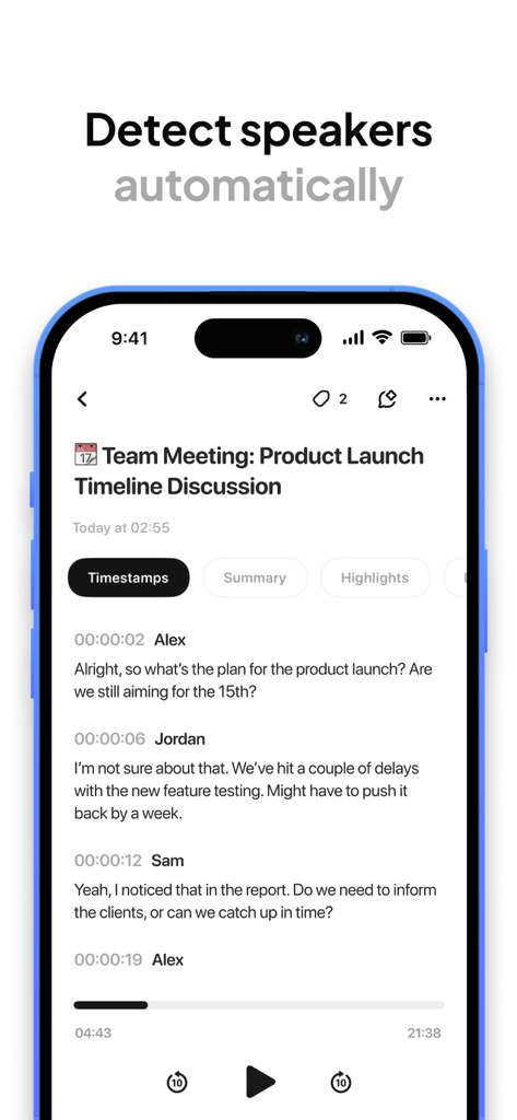 Interface of the AI Transcribe app displaying a meeting transcript with automatic speaker identification and timestamps.
