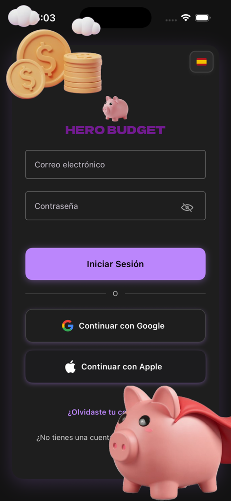 Pantalla de inicio de sesión de la aplicación Hero Budget con opciones de inicio de sesión social y una mascota de hucha superheroica