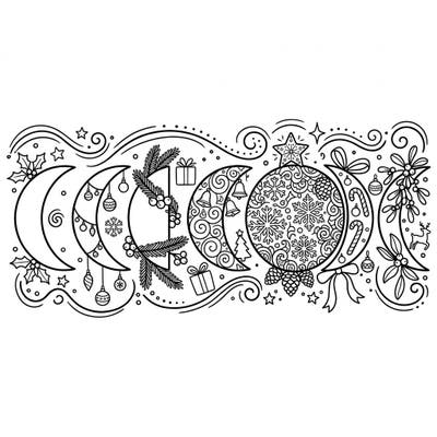 Embark on a magical coloring journey with our unique Lunar Phases Christmas design, blending celestial beauty with holiday cheer. This intricate page invites you to bring vibrant life to moons adorned with festive ornaments, holly, and twinkling stars.