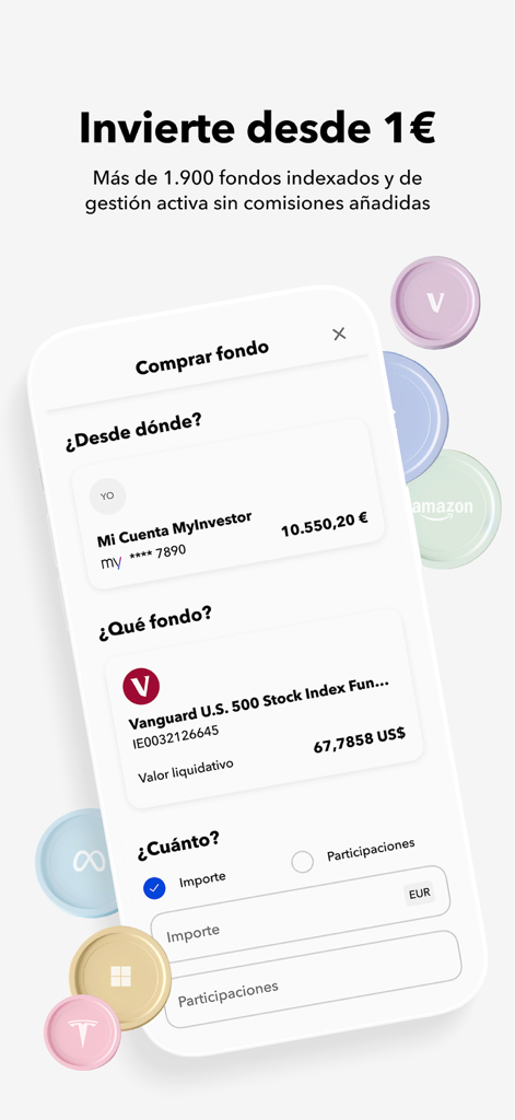 MyInvestor · Banco & Inversión - MyInvestorモバイルアプリのインターフェース。1ユーロから始まるバンガードインデックスファンドの購入を表示。