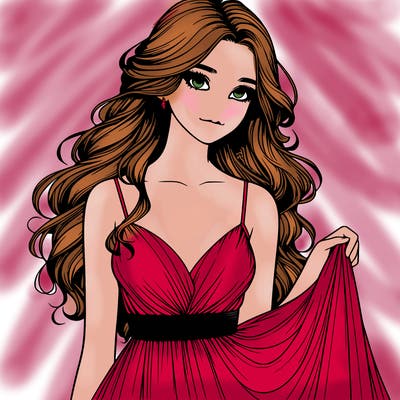 realistic girl in flowy silky prom dress