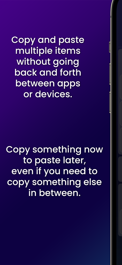 Cloud Snippets - Mobile - Feature overview of Cloud Snippets app for managing multiple copied items and clipboard history.