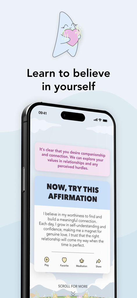 Manifest: Daily Journal - Interfaz de la aplicación Manifest que muestra una afirmación diaria de autoconfianza junto a una linda mascota estrella sosteniendo un corazón
