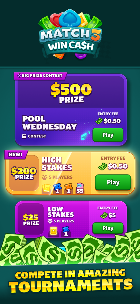 Match3 - Win Cash - Screen showing various cash tournaments for Match3 Win Cash with different prizes and entry fees