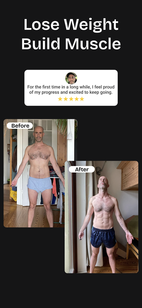 uFit AI: Gym & Fitness Planner - Before and after transformation photos of a man showing muscle gain and weight loss with a user testimonial