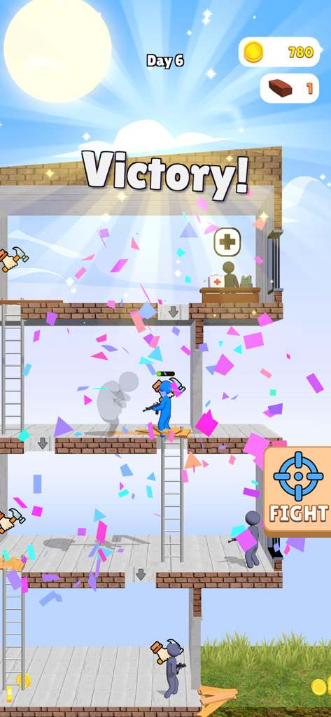 Dusk WarZ - A victory screen in Dusk WarZ showing a three-story base with stickman defenders and falling confetti