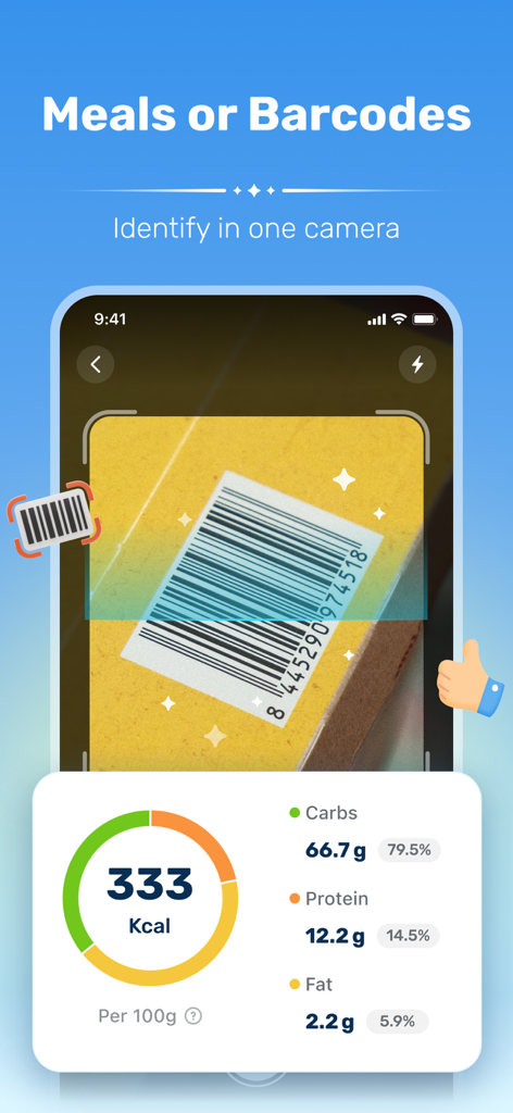 WiseMeal: Al Calorie Tracker - La aplicación WiseMeal escaneando el código de barras de un alimento para mostrar instantáneamente datos de calorías y macronutrientes