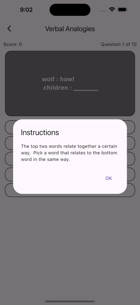 COGAT for Grade 7 & 8 - Verbal analogies practice question with an instructions popup in the CogAT app