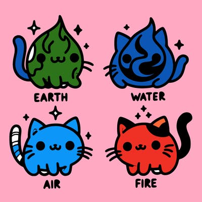 4 cats that represent the different elements, earth, water, air, and fire