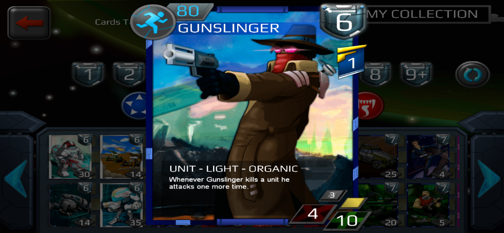 BSoD CCG - A detailed view of the Gunslinger unit card in the BSoD CCG strategy game showing character art and combat stats