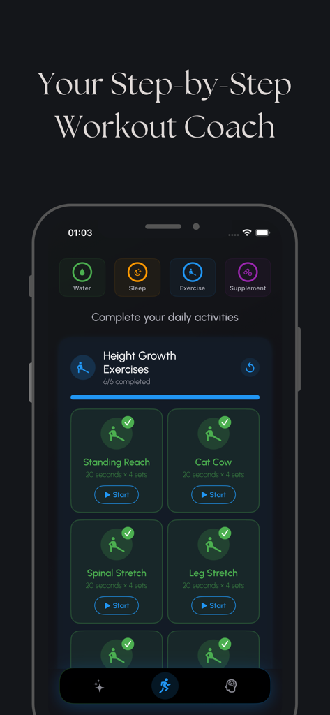 Longer - Height & Posture - Interface of the Longer app showing height growth exercises and daily activity tracking