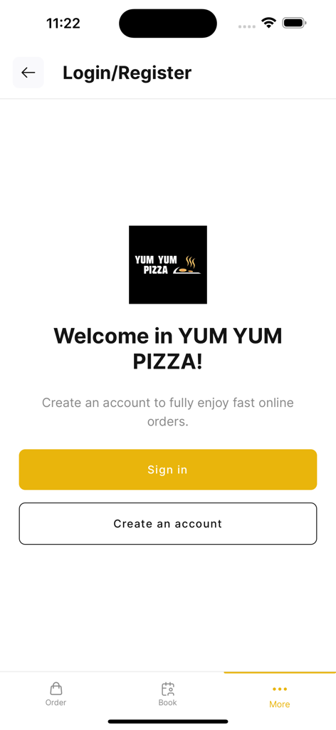 YUM YUM Application - Login and registration screen for the Yum Yum Pizza app featuring sign in and create account buttons