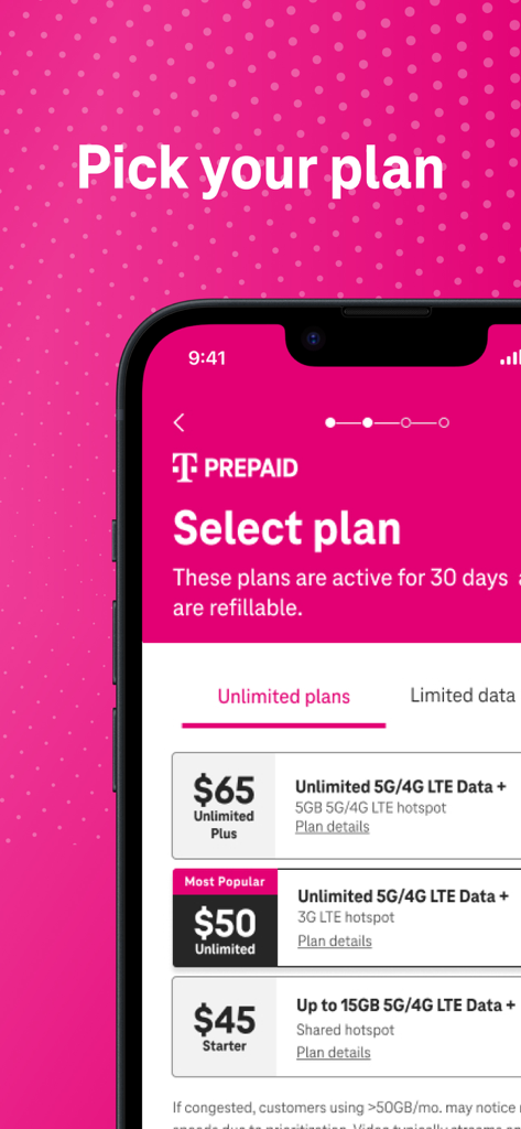 T-Mobile Prepaid eSIM - 無制限プランとスターターオプションが表示されたT-MobileプリペイドeSIMプランの選択画面。