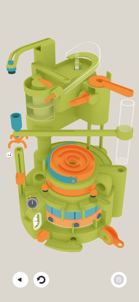 Automatoys - A 3D mechanical toy obstacle course with green and orange components and a rolling ball