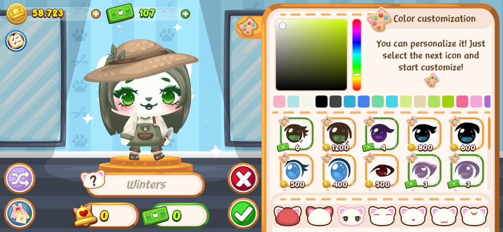 Happy Pet Island - A character customization screen in Happy Pet Island allowing users to personalize their pet's eyes and color.