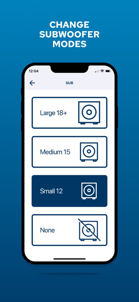 Alto Pro - Alto Pro app interface showing subwoofer mode selection options for large medium and small speakers