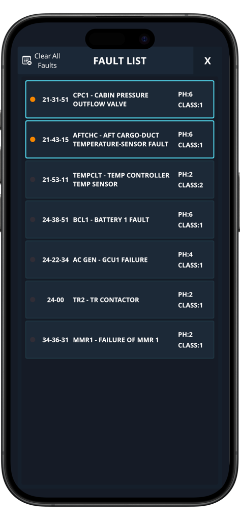 A320 CFDS Trainer - Interfaz de la aplicación Entrenador CFDS A320 que muestra una lista de fallos simulados de mantenimiento de aeronaves