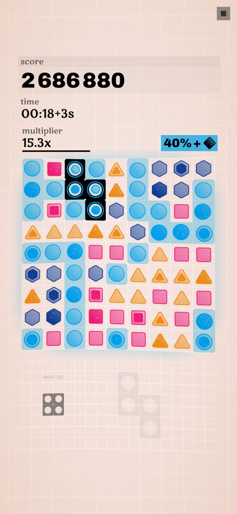 Kavel - Jogabilidade de grade de quebra-cabeça minimalista em Kavel mostrando formas coloridas e multiplicador de pontuação