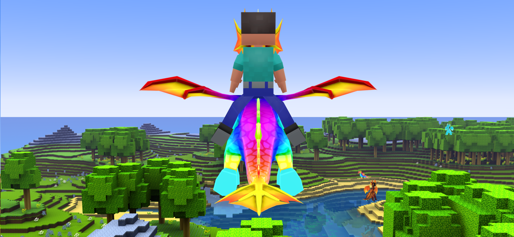 A character riding a vibrant rainbow dragon over a pixelated 3D block world
