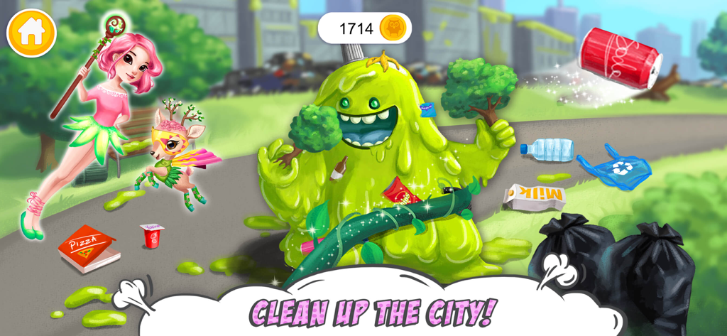 Power Girl Flora and her deer pet Daisy cleaning up a green trash monster in Super City