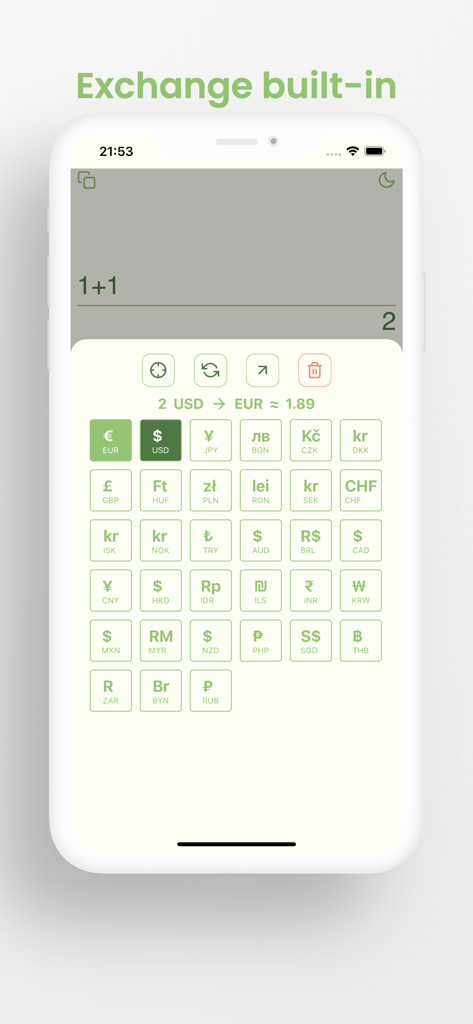 Calculator CILU - Calculator CILU interface showing a built-in currency converter with multiple international currency options