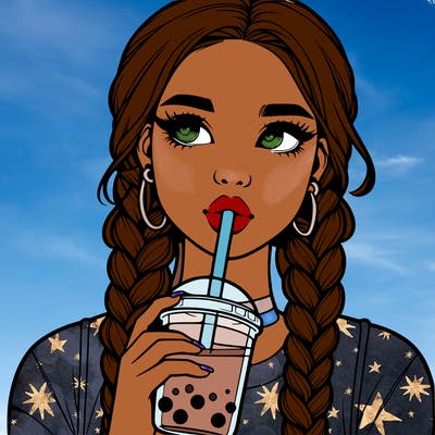 realistic girl with braided hair drinking boba