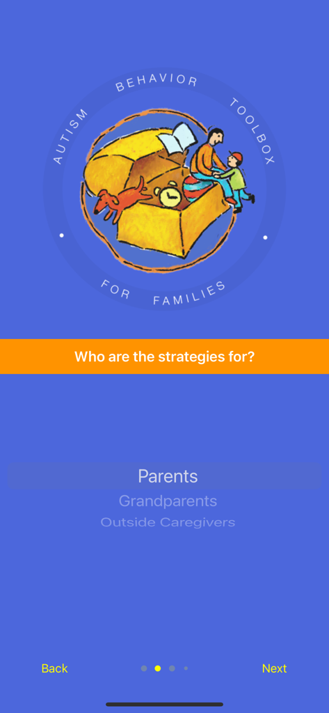 Autism Toolbox - Behavior - User selection screen in the Autism Toolbox app asking if the behavioral strategies are for parents, grandparents, or outside caregivers