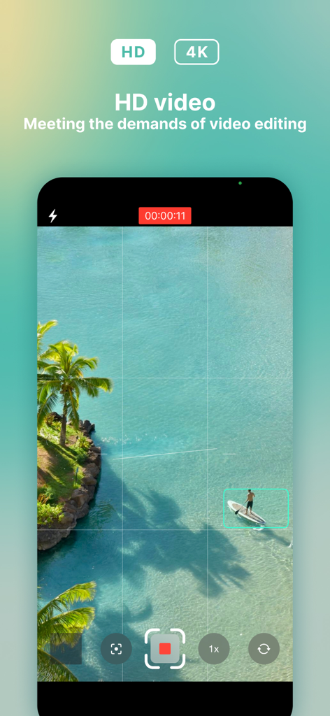 Action - AI video camera - Interface of Action AI video camera app showing HD and 4K video recording options with an AI bounding box tracking a paddleboarder in the ocean.
