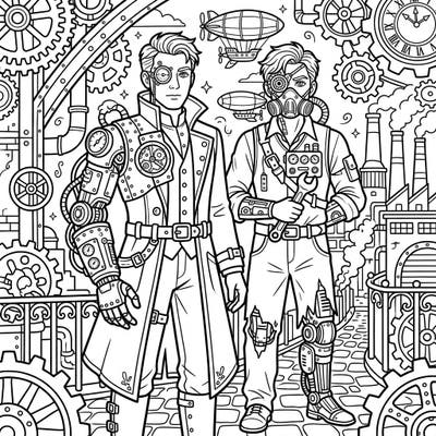 Step into a meticulously detailed world where advanced prosthetics meet Victorian-era aesthetics. This captivating coloring page features medical cyborgs in a bustling Steampunk landscape, inviting you to bring their intricate designs to life.