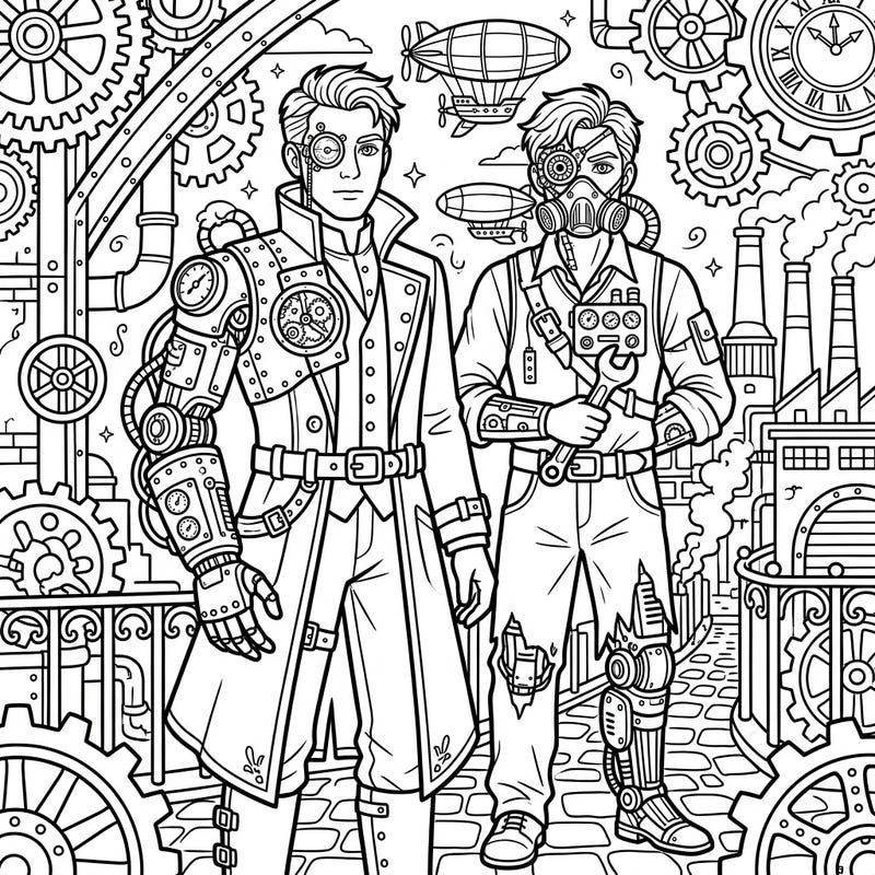 Step into a meticulously detailed world where advanced prosthetics meet Victorian-era aesthetics. This captivating coloring page features medical cyborgs in a bustling Steampunk landscape, inviting you to bring their intricate designs to life.