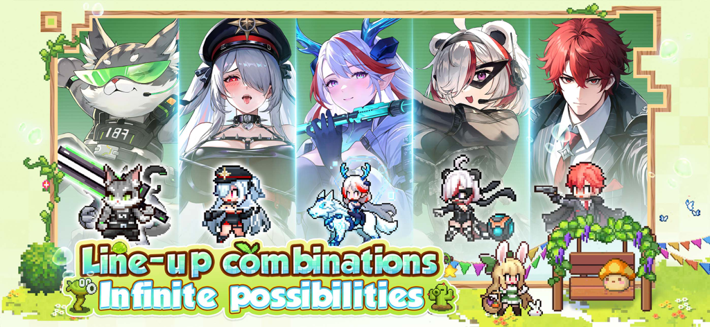 Pixel Heroes: Tales of Emond - Pixel Heroes characters shown in both anime and pixel art styles with the text Line up combinations Infinite Possibilities