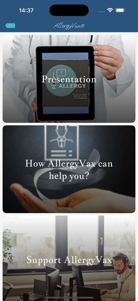 Main menu of the AllergyVax app showing sections for presentation and user support