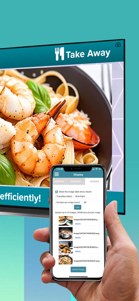 Une interface d'application de smartphone pour gérer un diaporama alimentaire sur un écran de télévision d'affichage dynamique pour un restaurant.