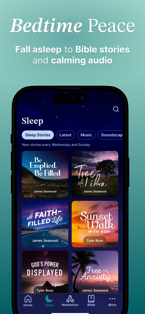 Abide app interface showing biblical sleep stories and calming audio for bedtime peace