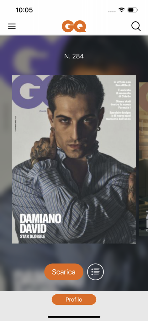 Interfaccia dell'app GQ Italia Magazine che mostra la copertina di un numero digitale con Damiano David
