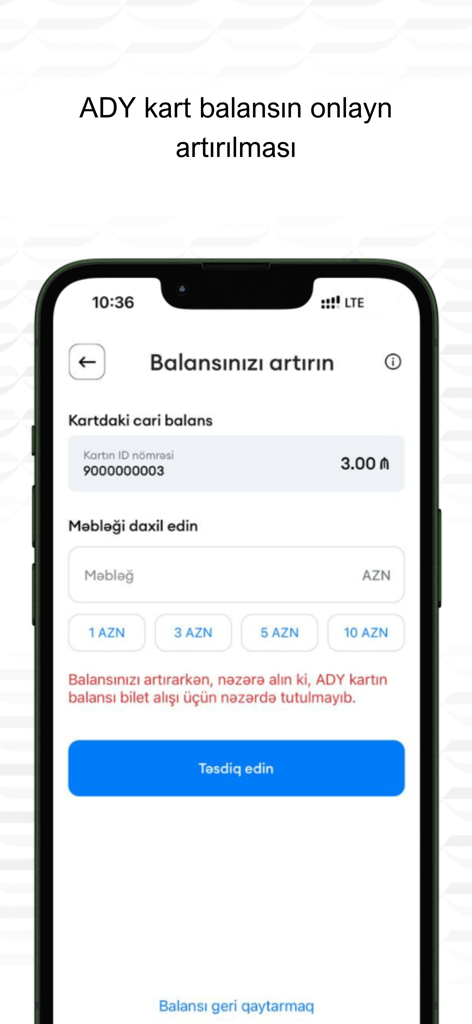 Interfaz de la aplicación ADY Mobile que muestra la pantalla de recarga de saldo en línea para una tarjeta de viaje