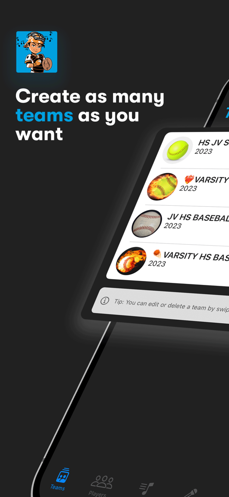 Next Batter Up: Walk-Up Music - Interface of the Next Batter Up app showing a list of different baseball and softball teams
