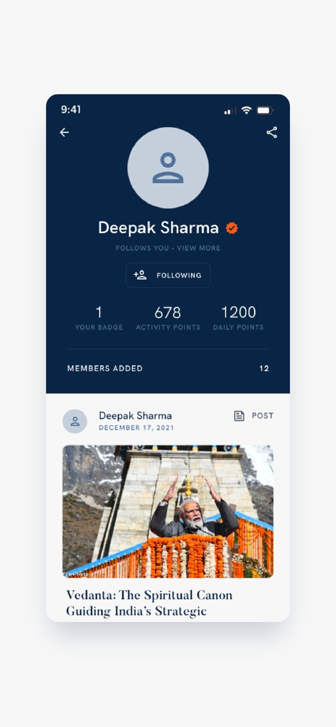 Narendra Modi - Un profil utilisateur sur l'application Narendra Modi affichant les points d'activité et une publication mettant en vedette le Premier ministre Modi