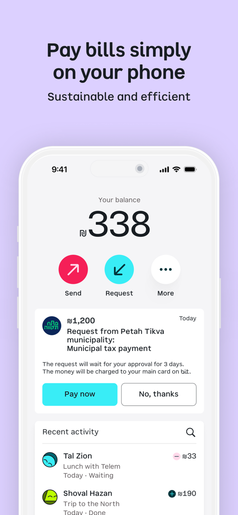 Interface of the bit payment app showing a municipal tax payment request and account balance