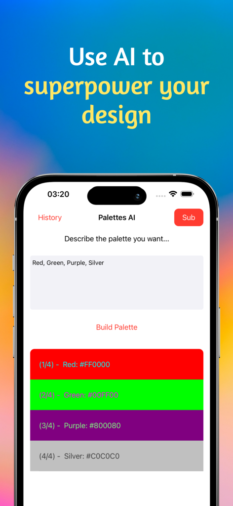 Palettes AI アプリのスクリーンショットで、テキスト プロンプトから生成されたカスタム カラー パレットが表示されています